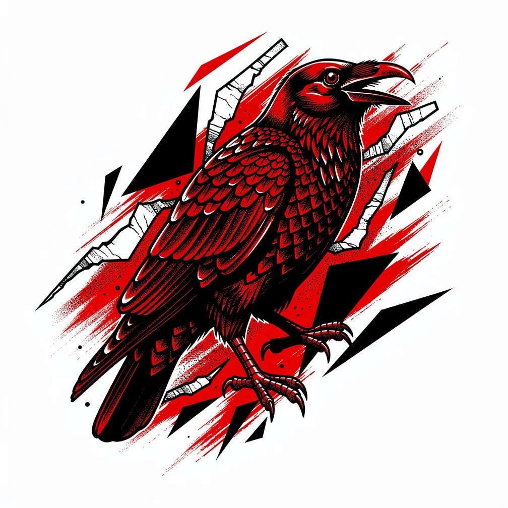 A trash-polka raven in realism layered with red brushstrokes, newspaper fragments, and sharp black geometric shapes in high contrast.