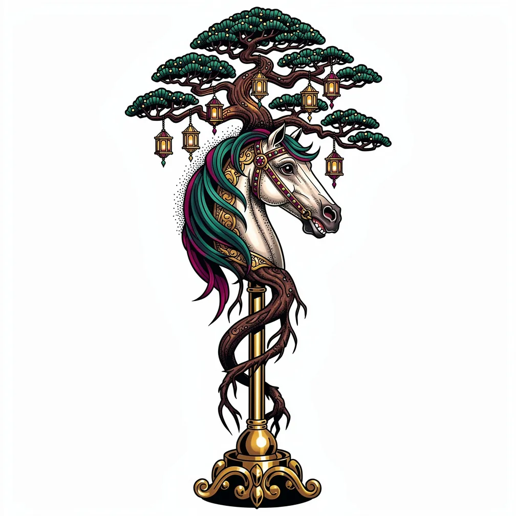 Diseño vertical neotradicional de un antiguo caballo de carrusel cuya crin tallada se transforma en una copa de bonsái azotada por el viento, con diminutos farolillos colgantes y raíces que se enrosca