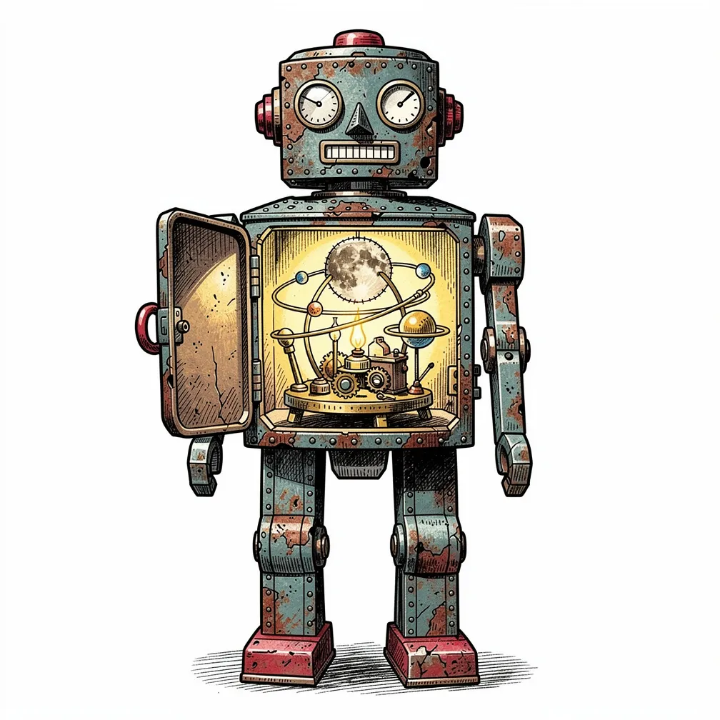 An illustrative weathered tin toy robot with faded paint opens its chest to reveal a lamp-lit miniature planetarium with brass orrery planets and a stitched-paper moon.