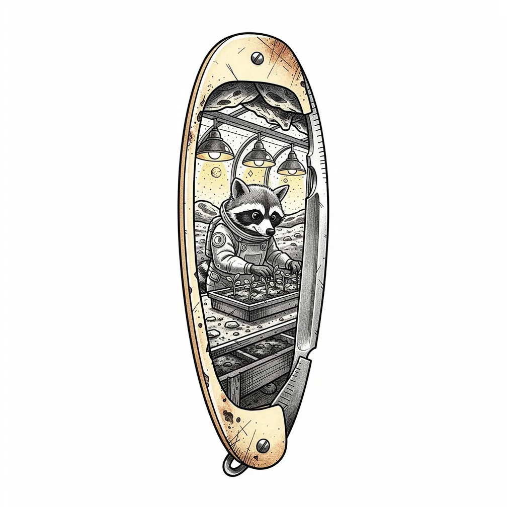 An illustrative vintage straight razor split open to reveal a lamp-lit lunar greenhouse with bonsai moonlings and a raccoon astronaut tending seedlings.