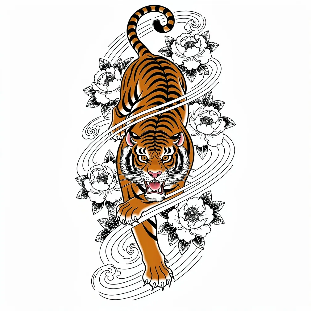 A Japanese irezumi-style roaring tiger weaving through peonies with bold linework and full-color shading.