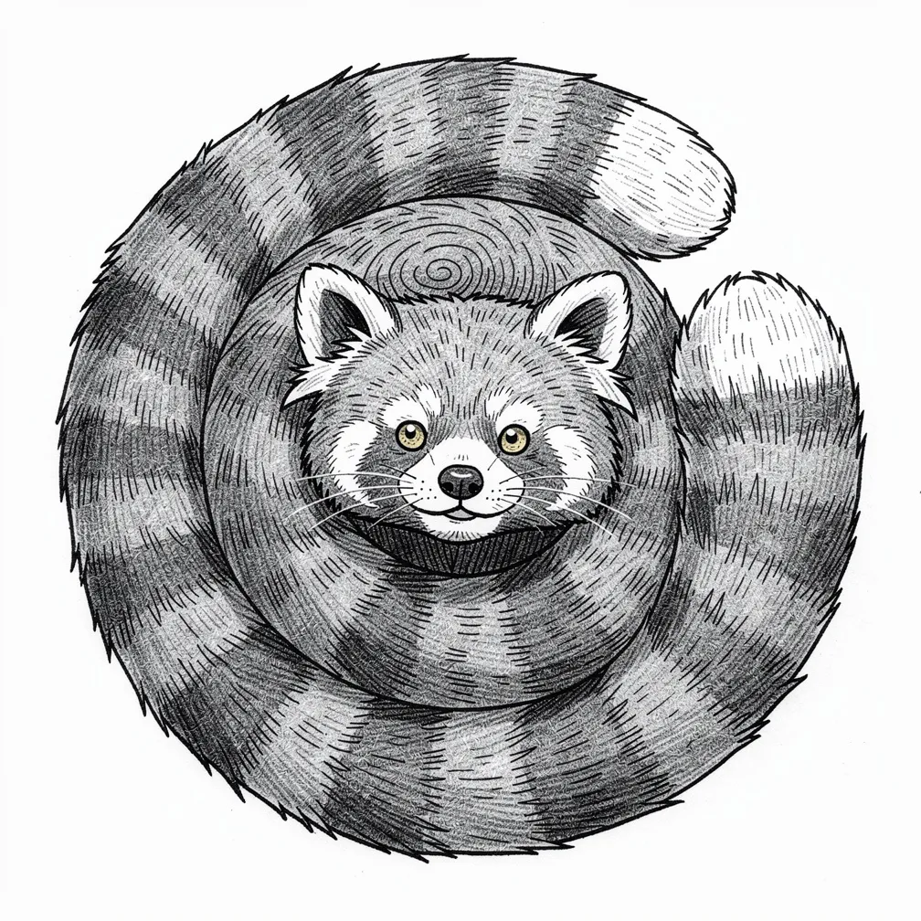 Un panda vermell il·lustratiu enrotllat en una espiral perfecta com un rotlle de canyella, amb anells concèntrics a la cua, traços de pelatge en capes i els ulls ambre tancats somrient amb serenor.