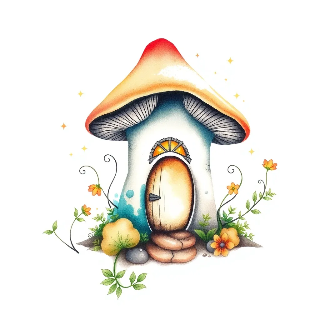 A watercolor-style mushroom cottage in a fairy garden with a tiny glowing door and windows, surrounded by ferns and floating fireflies.