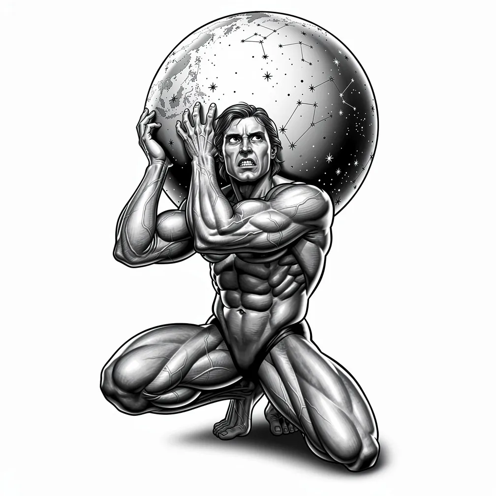 Realistic depiction of Greek god Atlas straining as he carries a detailed celestial sphere showing stars and constellations on his shoulders.