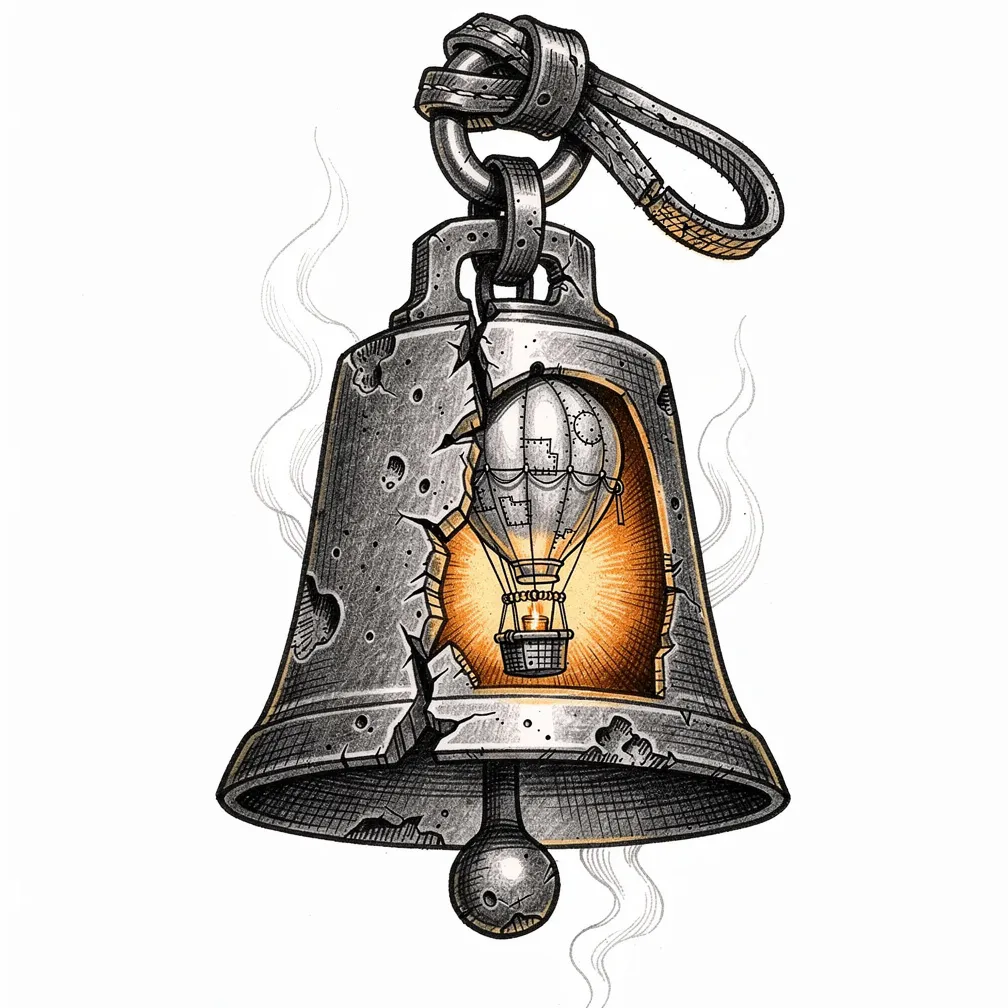 Ilustrativně pojatý, zvětralý pastevecký zvon prasklý napůl odhaluje drobný patchworkový horkovzdušný balón a koš osvětlený lucernou, nad nímž vzhůru stoupá kouřový dech.