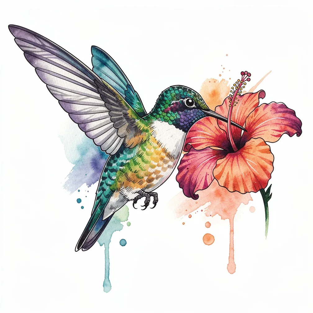A watercolor hummingbird mid-flight drinks nectar from a tropical hibiscus, with iridescent feather washes and soft color splashes.