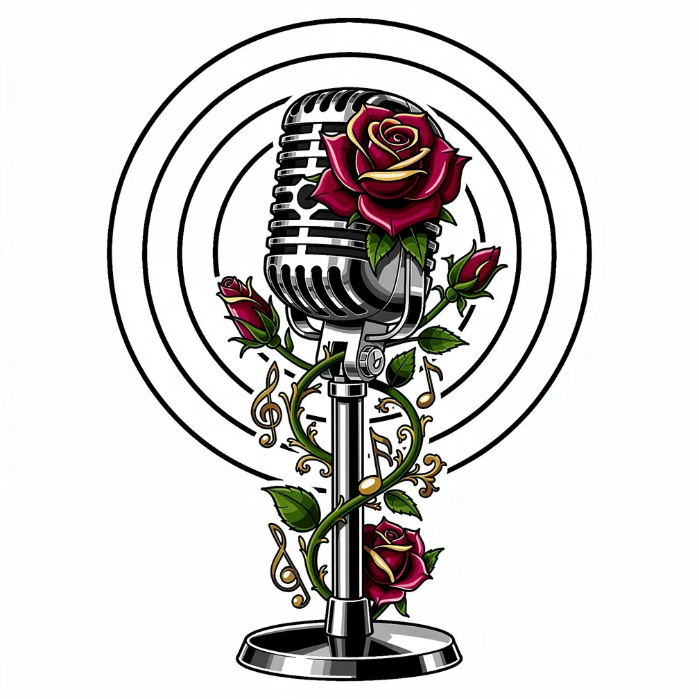 Un micròfon vintage d’estil neo-tradicional embolcallat de roses i notes musicals, amb anells concèntrics d’ones sonores que irradien cap enfora.