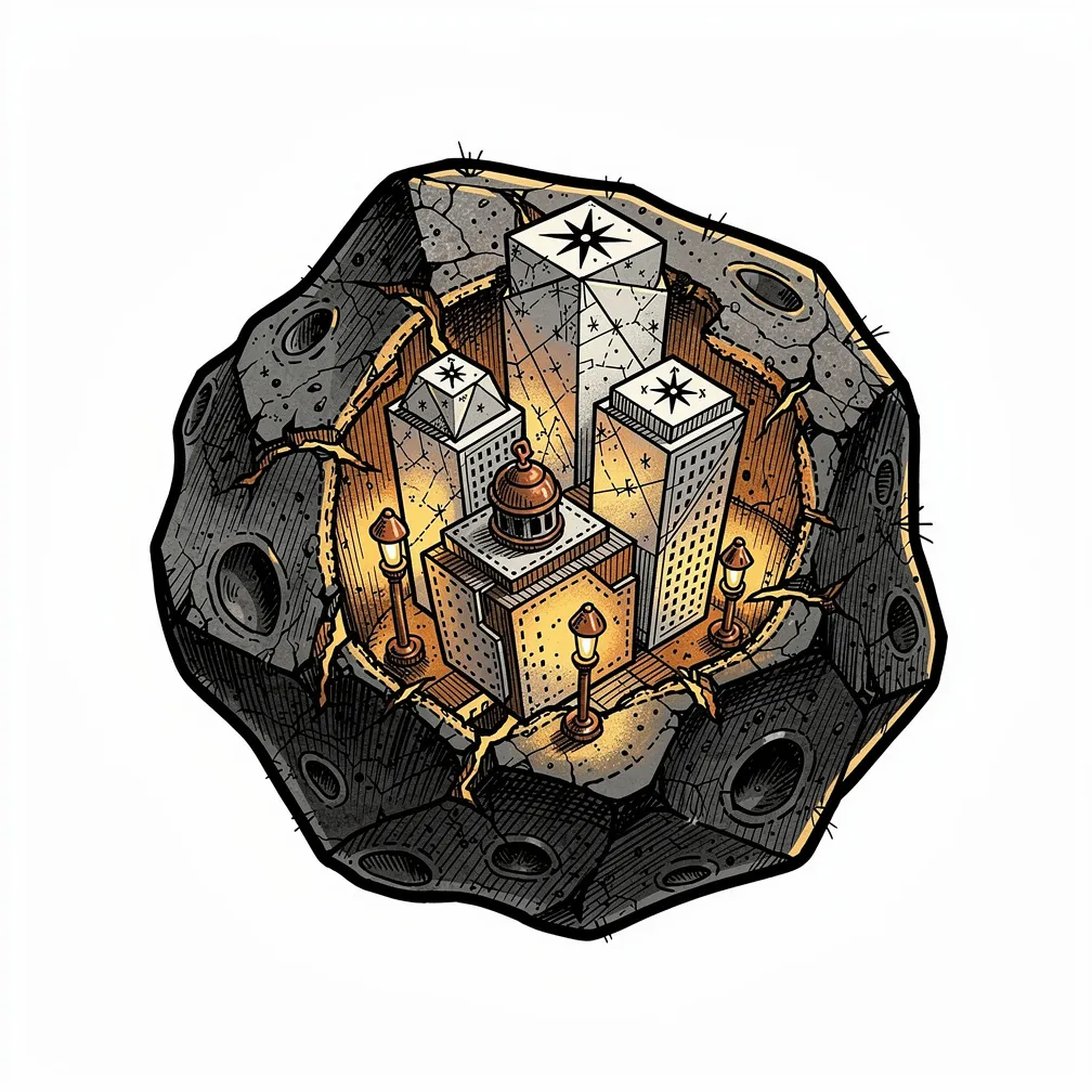 An illustrative pitted iron meteorite with cracked dark crust revealing a warm glow and a miniature origami metropolis made from star-chart paper with tiny copper streetlamps.
