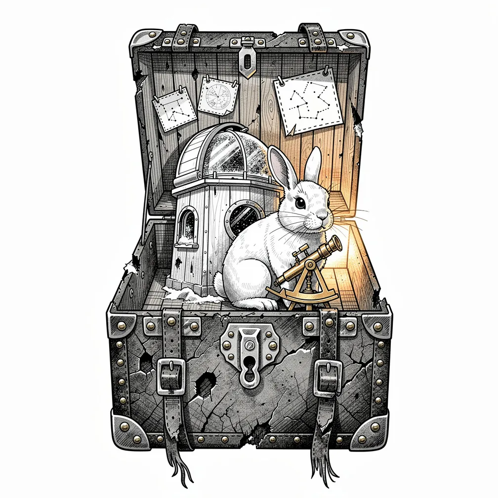 An illustrative open travel trunk revealing a lamp-lit miniature Arctic observatory with frosted domes, pinned star charts, a brass sextant, and a curious polar hare.