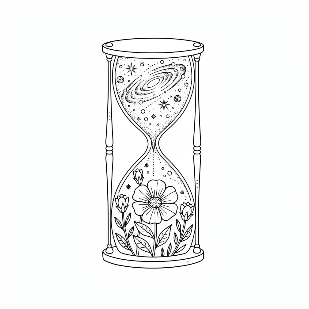 A fine-line hourglass where a starry galaxy in the top chamber drains into a blooming flower garden in the bottom chamber.