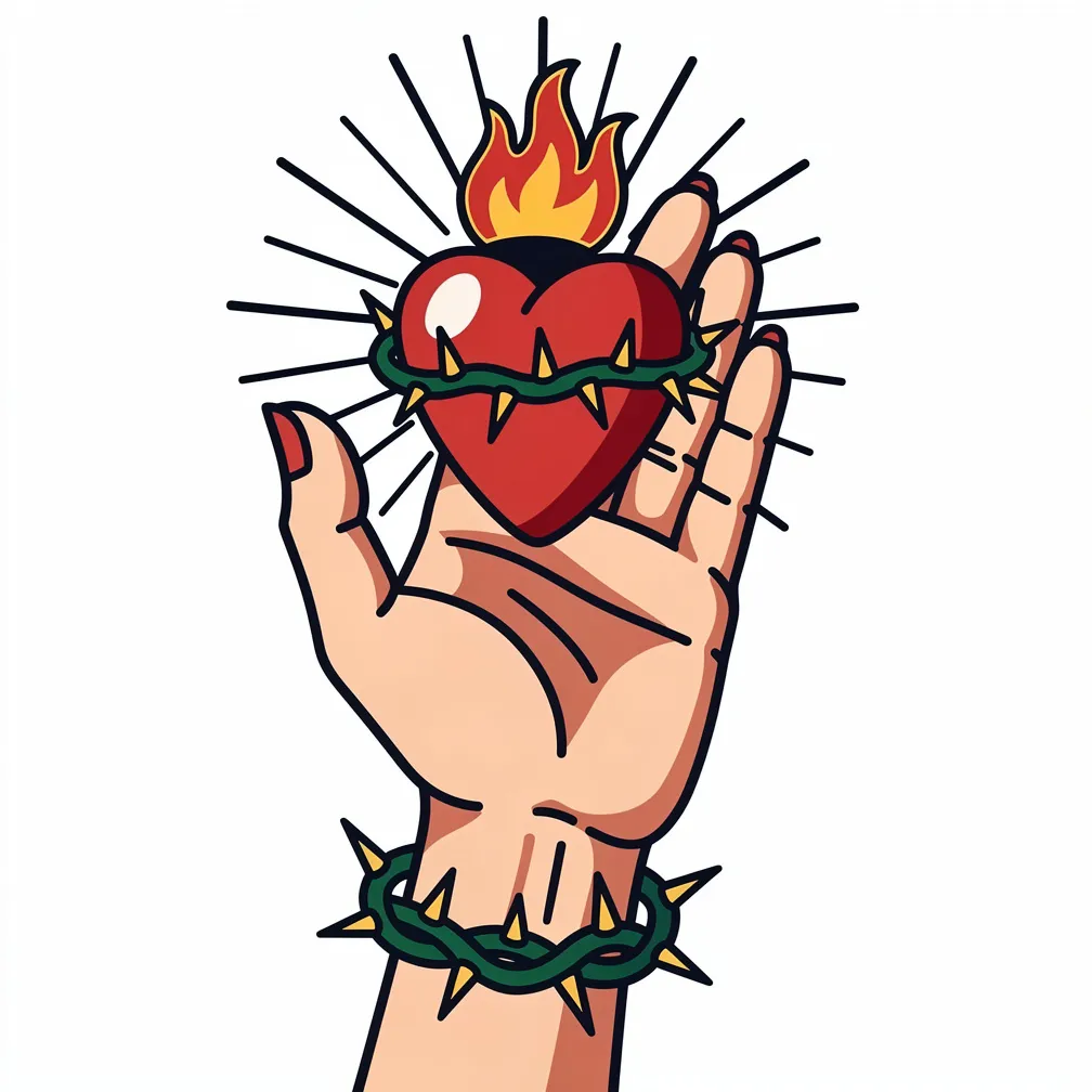 A traditional tattoo of a hand holding a burning heart with radiating light and thorns wrapped around the wrist.