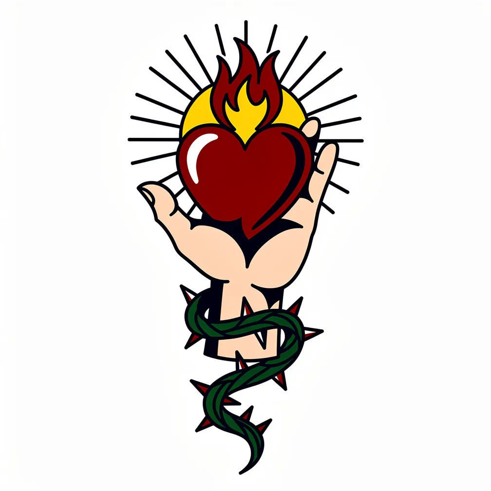 A traditional tattoo of a hand holding a burning heart with radiant light rays, with thorns wrapped around the wrist.