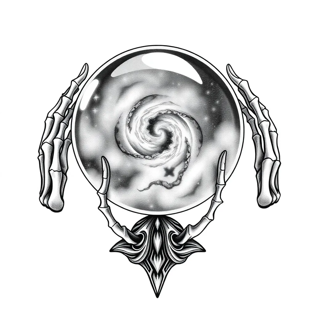 A dotwork crystal ball held by skeletal hands, containing a swirling miniature galaxy with nebulae and stars