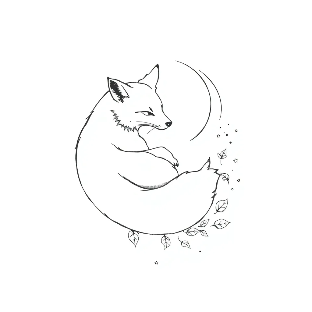 A fine-line fox curled around a crescent moon, its tail dissolving into scattered autumn leaves and tiny stars