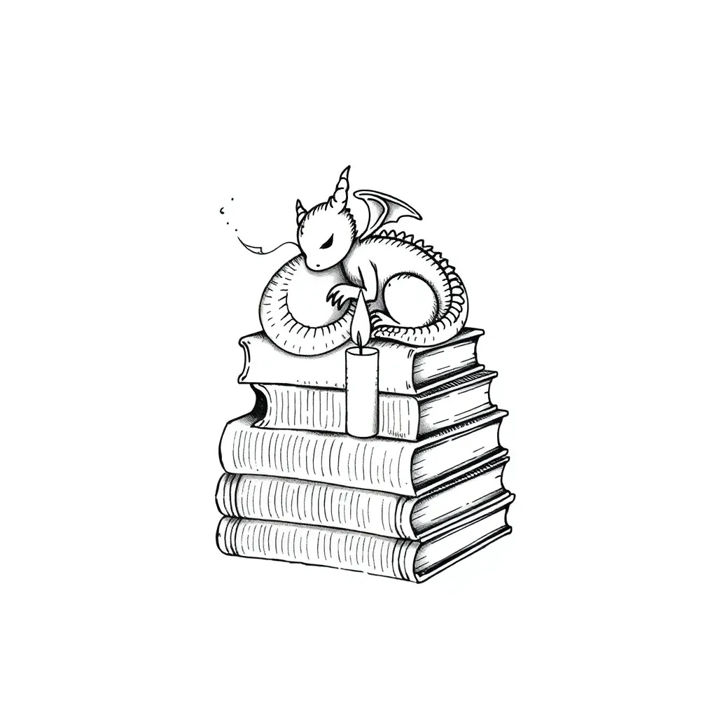 A fine-line stack of books with a tiny curled dragon sleeping around a candle, emitting delicate wisps of smoke from its nostrils.