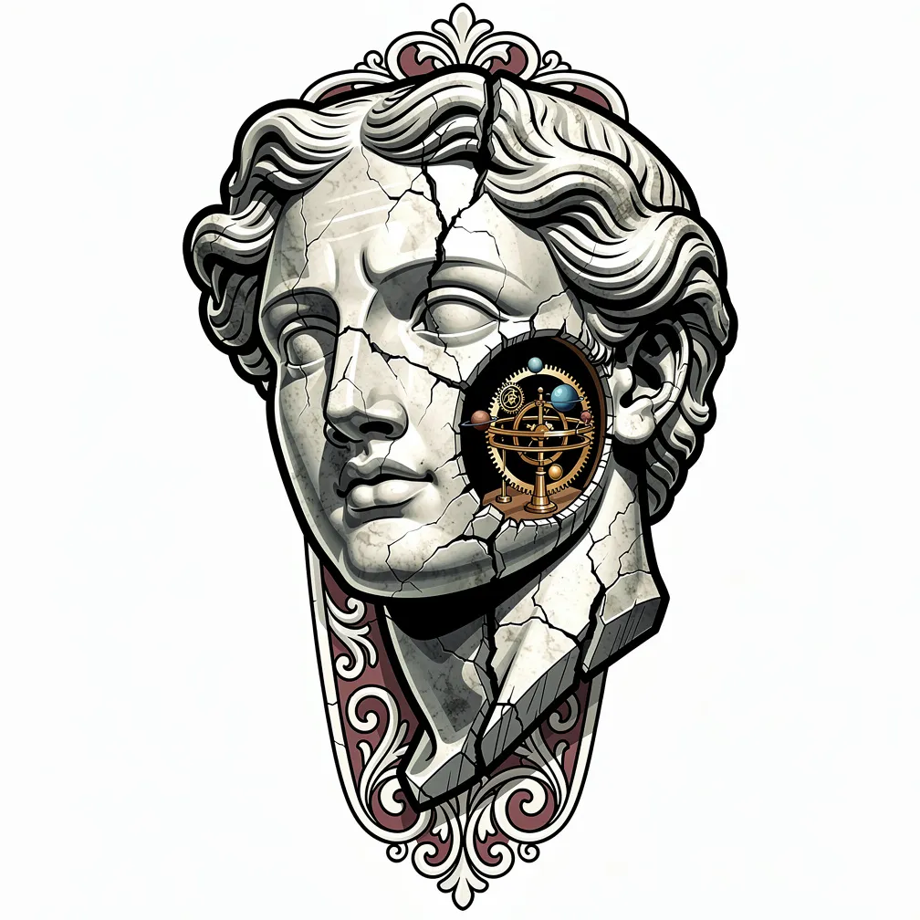 A neo-traditional fractured Greco-Roman marble bust with serene features, cracked patina, and a tiny brass orrery of planets and gears visible inside the hollow cheek.