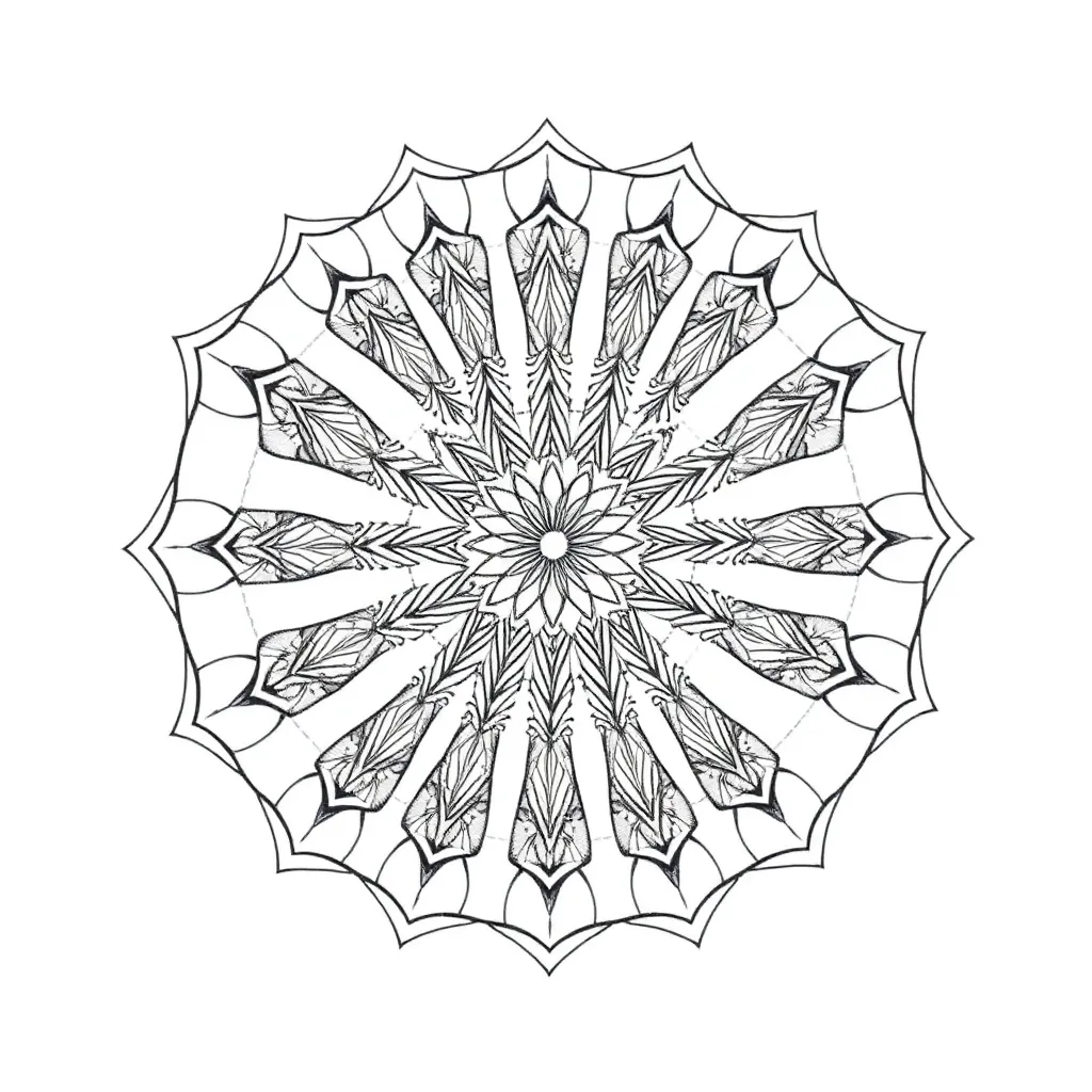 A perfectly symmetrical dotwork mandala with concentric rings of geometric petals and intricate stippled shading radiating outward.