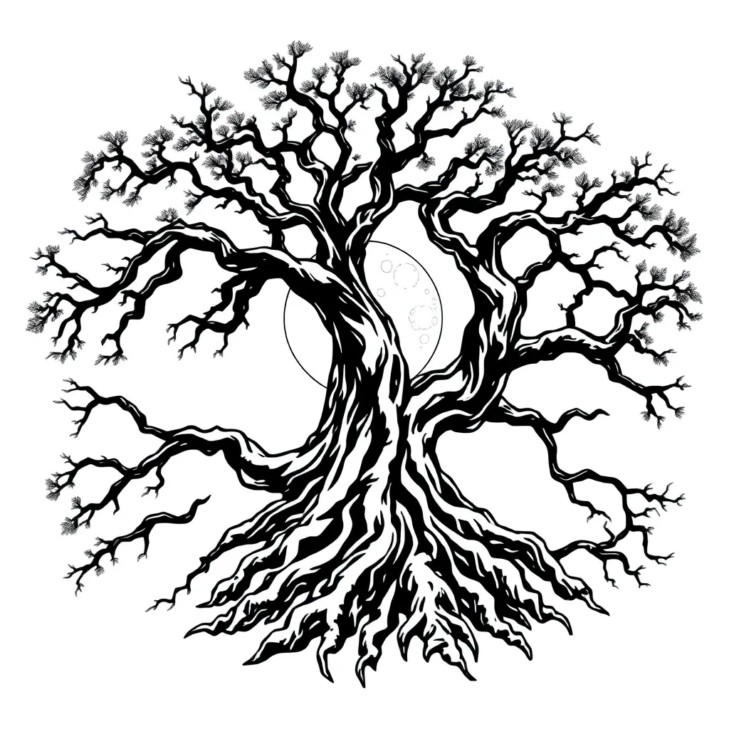 A blackwork depiction of an ancient gnarled oak with exposed deep roots and a full moon glowing through twisted branches.