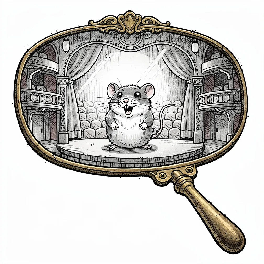 An illustrative antique dental mirror opens to reveal a lamp-lit tooth-shaped opera house with velvet seats and a mouse soprano singing center-stage.