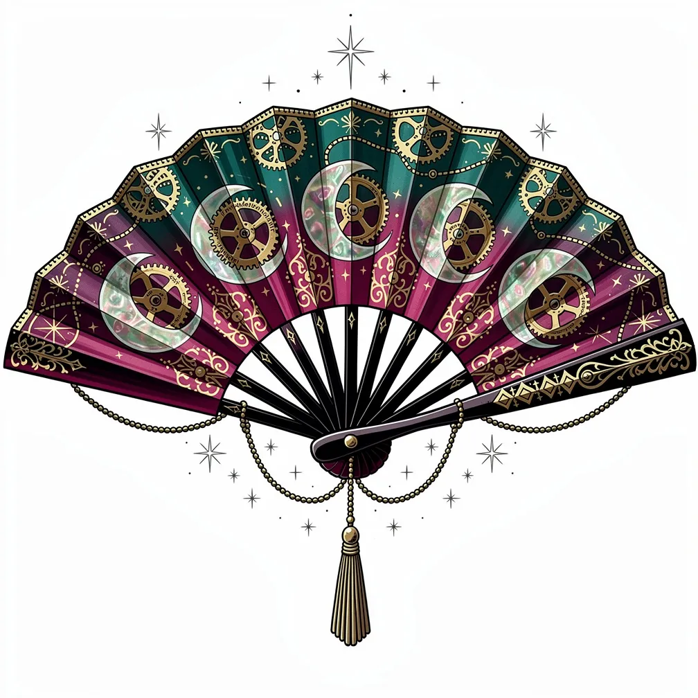 A neo-traditional lacquered folding fan with ebony ribs and gold inlay, revealing moon-discs and brass gears on painted silk, finished with comet-tail stitching and a tasseled chain.