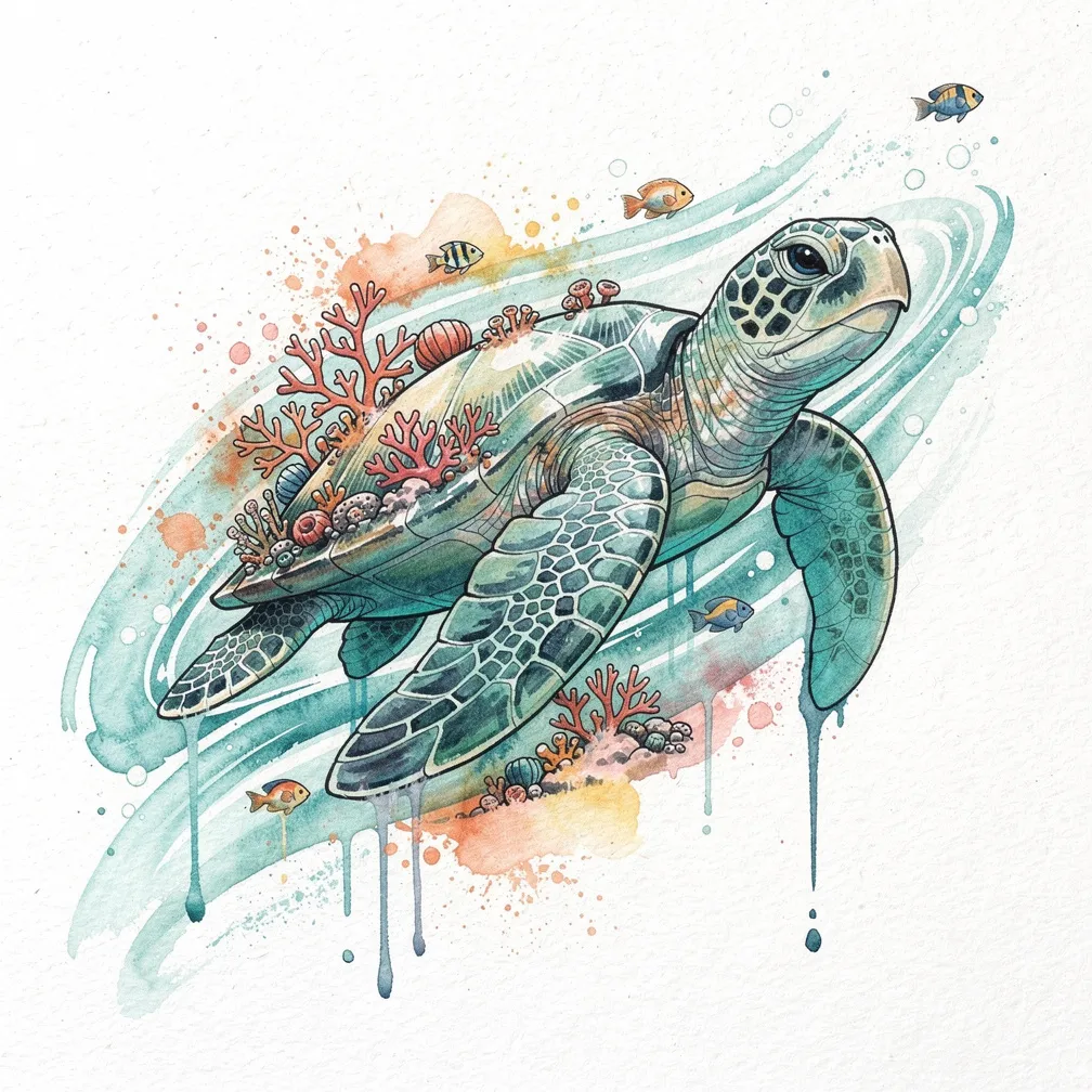 A watercolor-style sea turtle gliding through ocean currents with a coral reef growing on its shell and colorful tropical fish swimming alongside
