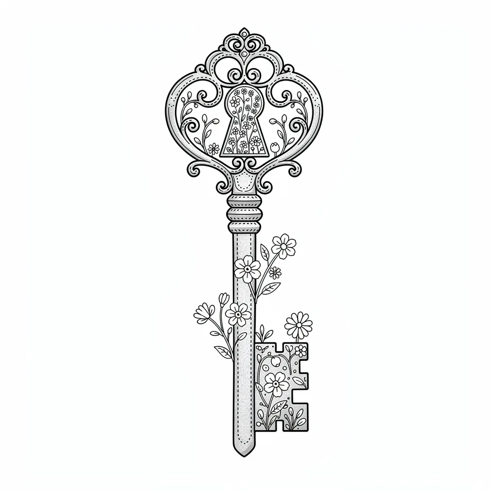 A fine-line vintage skeleton key with an ornate bow, its shaft opening into a tiny hidden keyhole garden of small flowers.