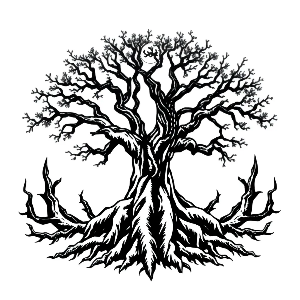 A blackwork depiction of an ancient gnarled oak with exposed roots and a full moon glowing through its twisted branches.