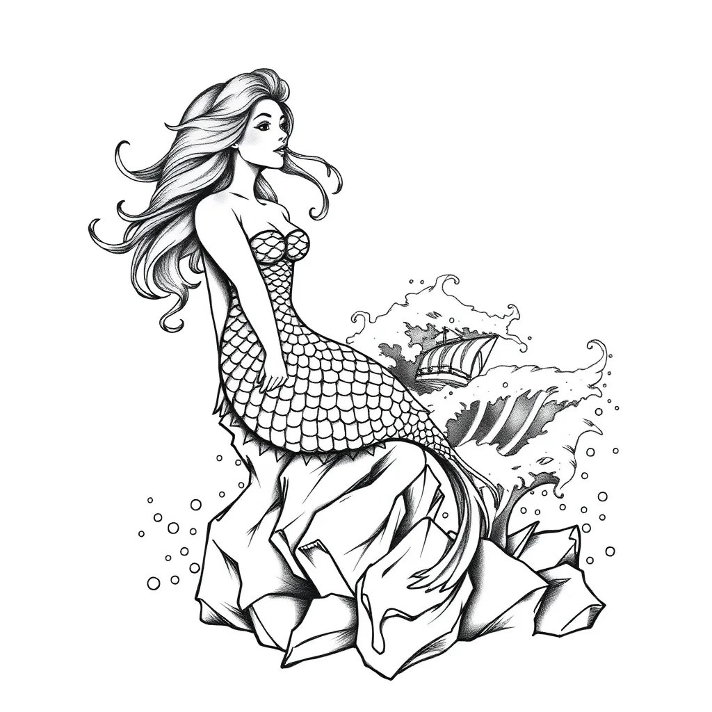 An illustrative siren perched on sea rocks singing to passing ships as her fish tail dissolves into crashing ocean waves