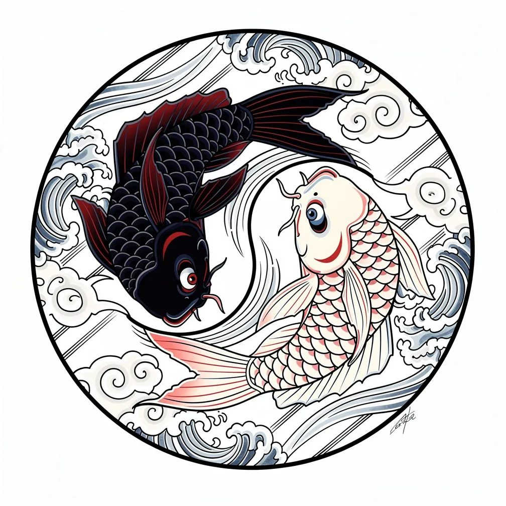 Un yin-yang de estilo japonés formado por dos peces koi, uno oscuro y otro claro, nadando en una composición circular y fluida con detalles de agua y escamas de acento rojas.