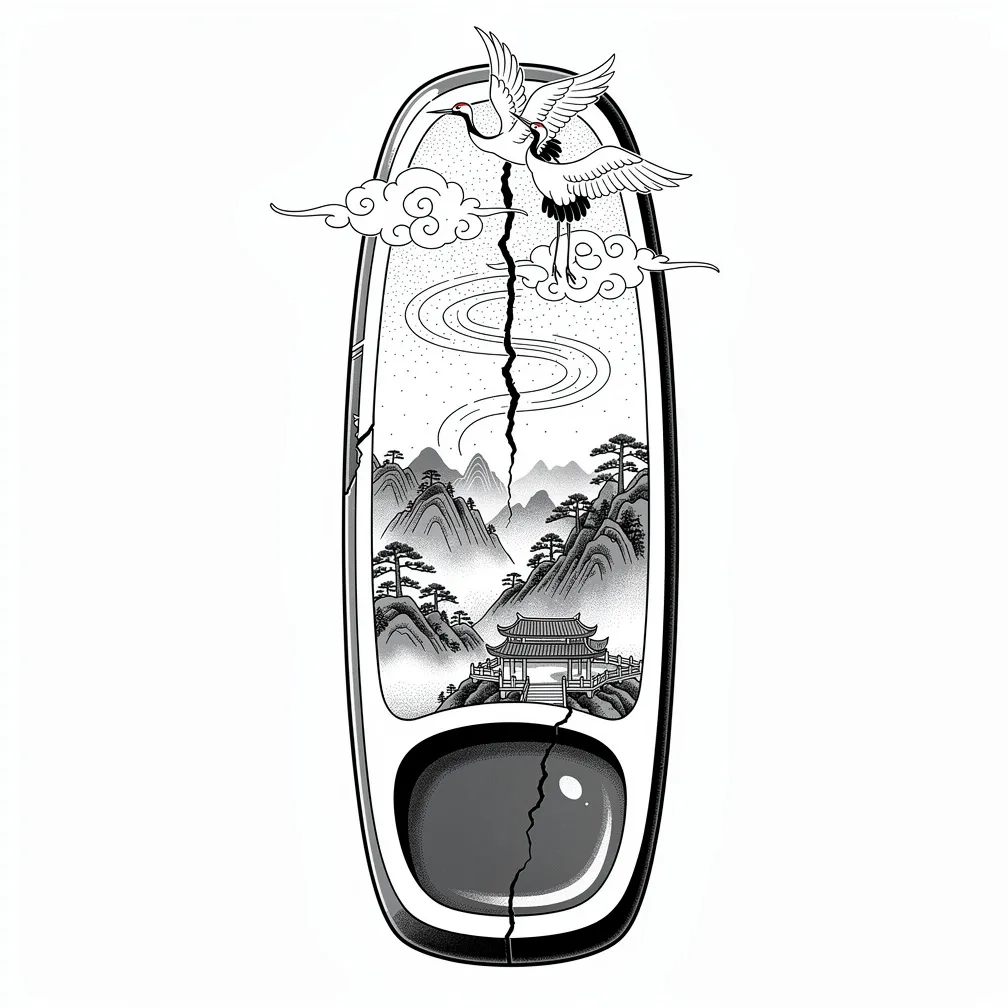 A fine-line inkstone with a hairline crack pooling dark ink, from which a sumi-e mountain range rises with pines, mist terraces, a ridge temple, and three negative-space cranes.