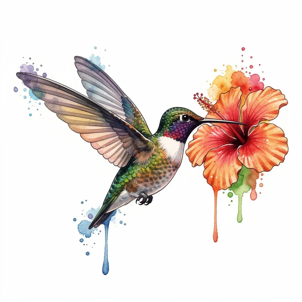 A watercolor hummingbird mid-flight sips nectar from a tropical hibiscus, with iridescent feathers and soft color splashes.