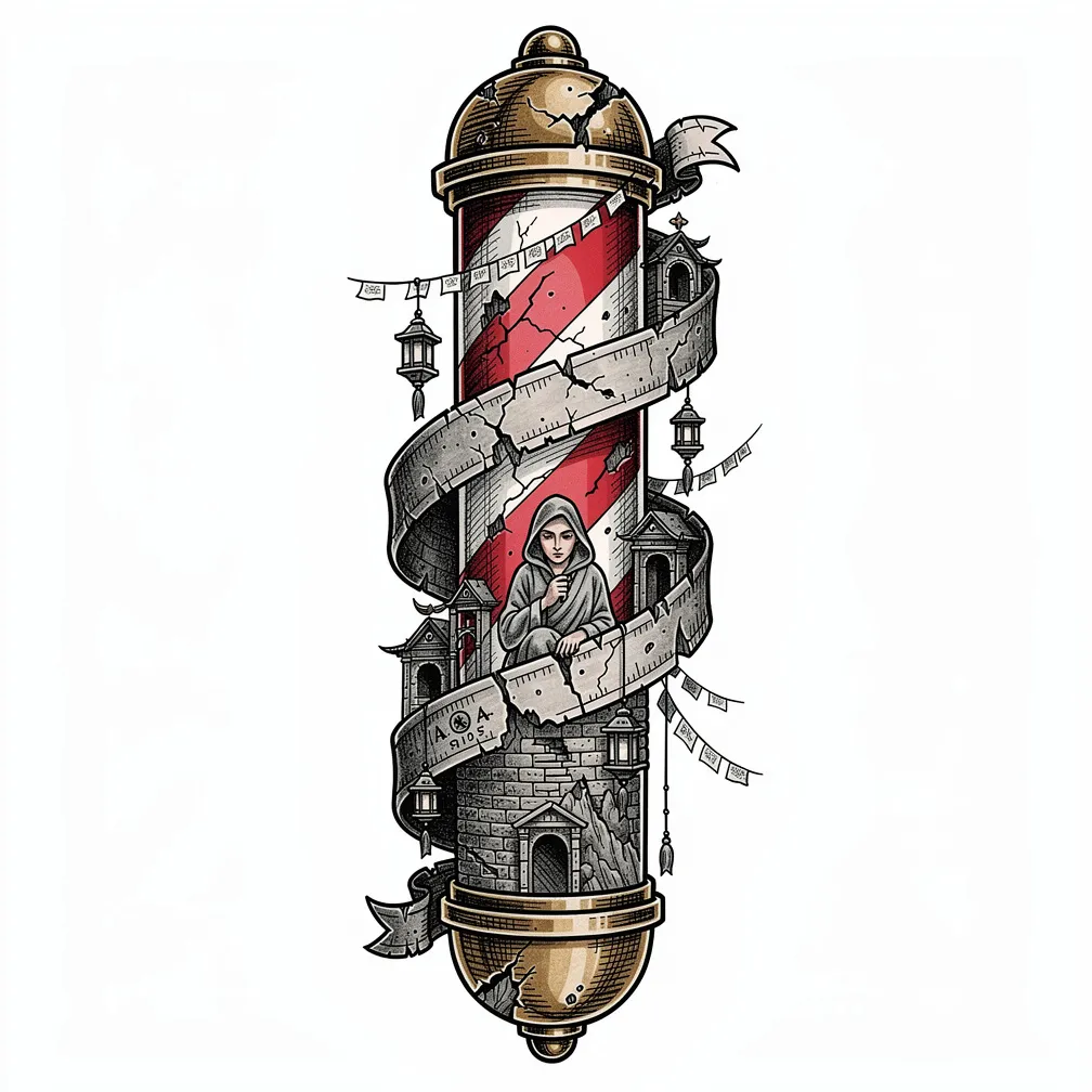 Un poste de barbero ilustrativo y envejecido, con la pintura en espiral cuarteada que se desenrolla como un mapa, revelando un monasterio en un acantilado con banderas, farolillos y la silueta de un m