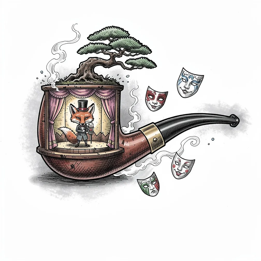 An illustrative briar smoking pipe with a brass band, its bowl opening into a lamp-lit bonsai theatre where a tiny fox ventriloquist performs amid drifting masks and smoke.