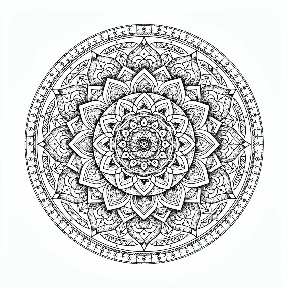 An intricate dotwork mandala of concentric rings of geometric petals radiating outward in perfect symmetry