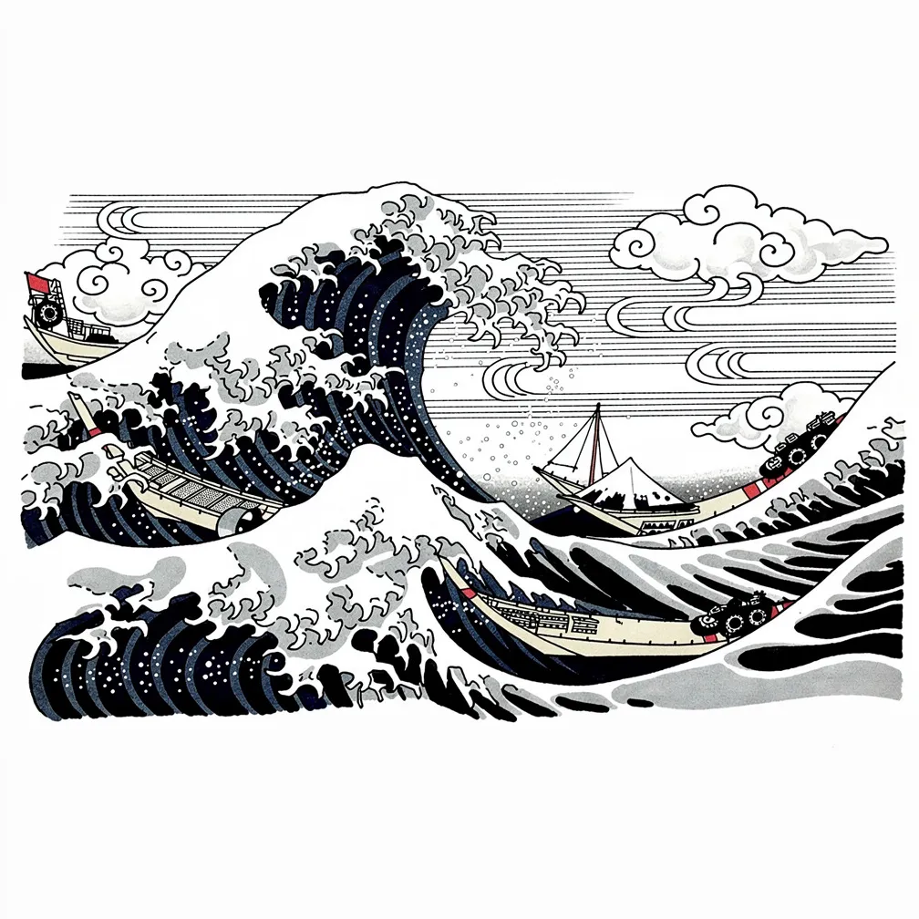 Una gran ola de estilo japonés rompe con espuma y rocío, mientras un velero solitario cabalga su cresta bajo un cielo tormentoso, con trazos inspirados en la xilografía y formas audaces.