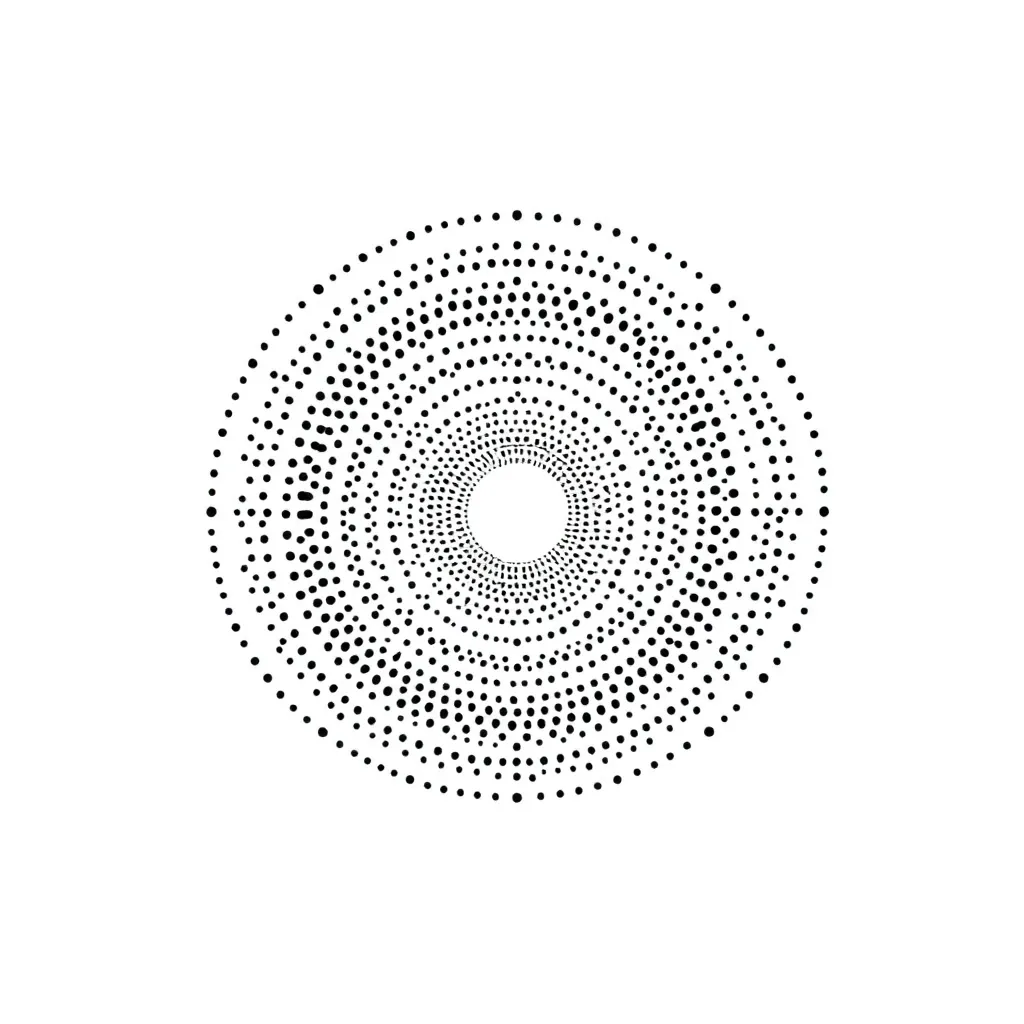 Concentric circles of diminishing black dots forming a three-dimensional tunnel illusion in precise dotwork