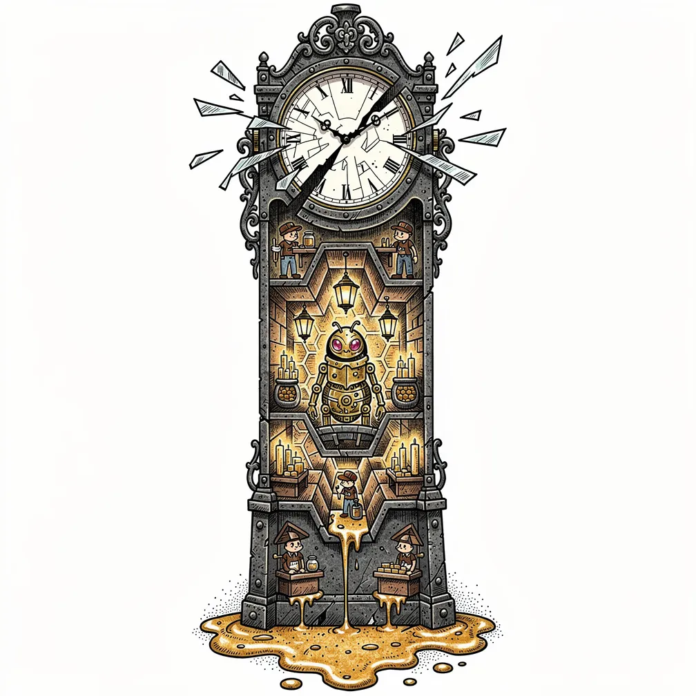 Un reloj urbano ilustrativo de hierro fundido con el cristal hecho añicos, que revela una ciudad vertical de panal con galerías hexagonales iluminadas por faroles; abejas con diminutas gorras, una abe