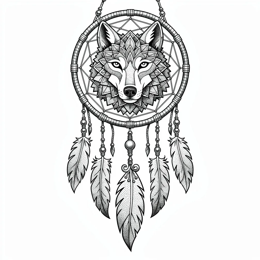 A dotwork dreamcatcher with a wolf silhouette woven into the web, with hanging feathers and beads on leather cords.