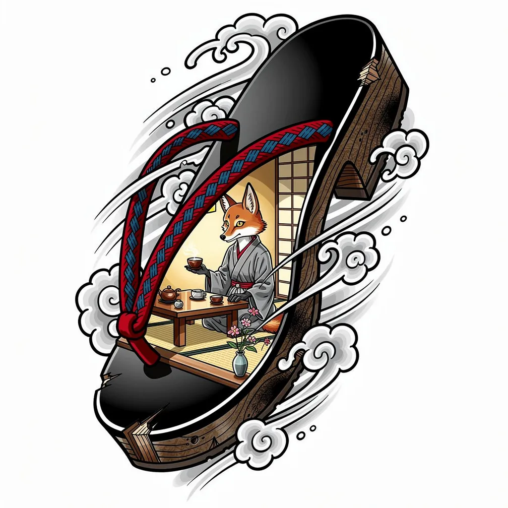 A Japanese-style geta sandal opens like a shoji to reveal a lamp-lit tatami tea-room where a kneeling kitsune presents a steaming bowl.