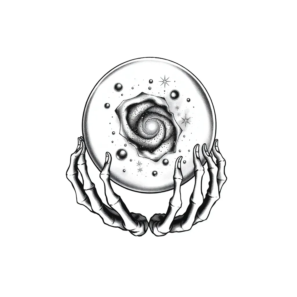 A dotwork crystal ball held by skeletal hands containing a miniature swirling galaxy with nebulae and stars, rendered in stippled black and grey with white highlights.