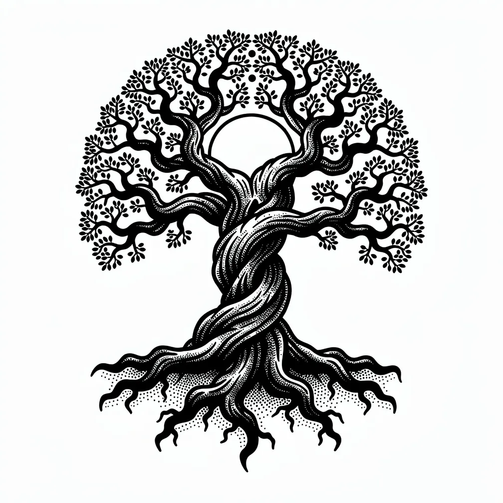 Blackwork depiction of a gnarled ancient oak with exposed roots and a full moon shining through twisted branches.