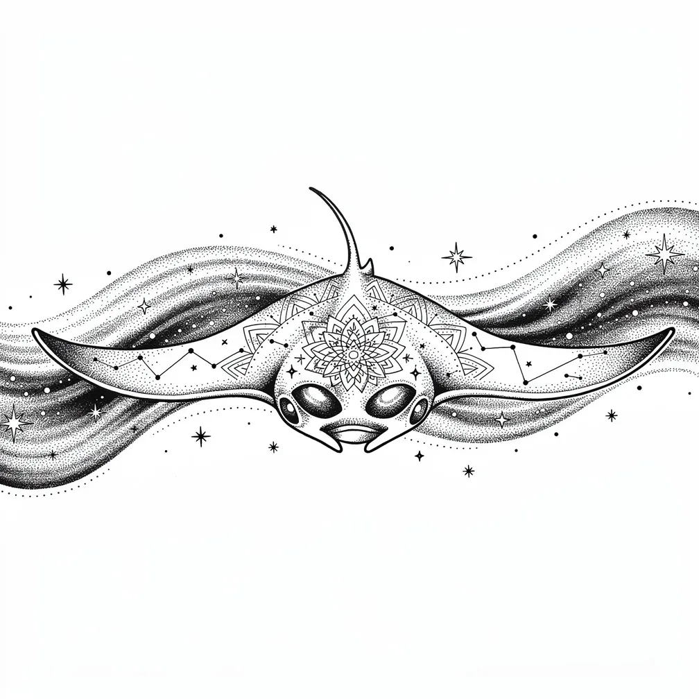 A dotwork celestial manta ray with stippled constellations on its wings, gentle almond-shaped eyes, glowing underbelly markings, and a trailing watercolor nebula ribbon.