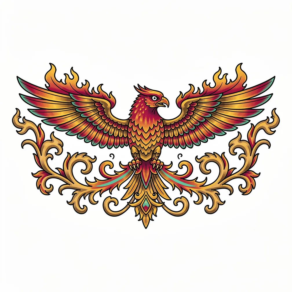 A neo-traditional phoenix rising from swirling flames and ash, wings spread wide with fiery feathers and gold highlights.
