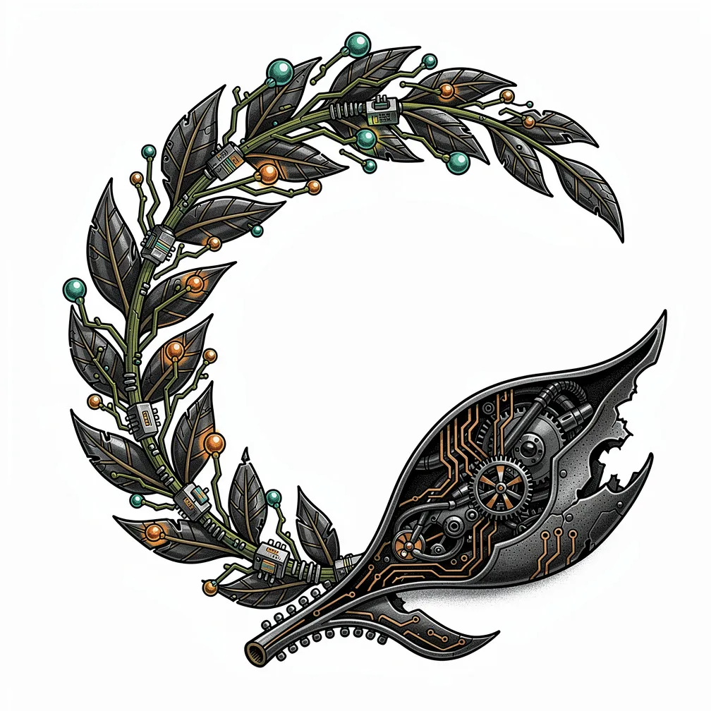 A biomechanical laurel wreath crown of patinated bronze leaves with circuit-board veins, teal and amber LED berries, micro-resistors and a revealed copper trace with a tiny gear.