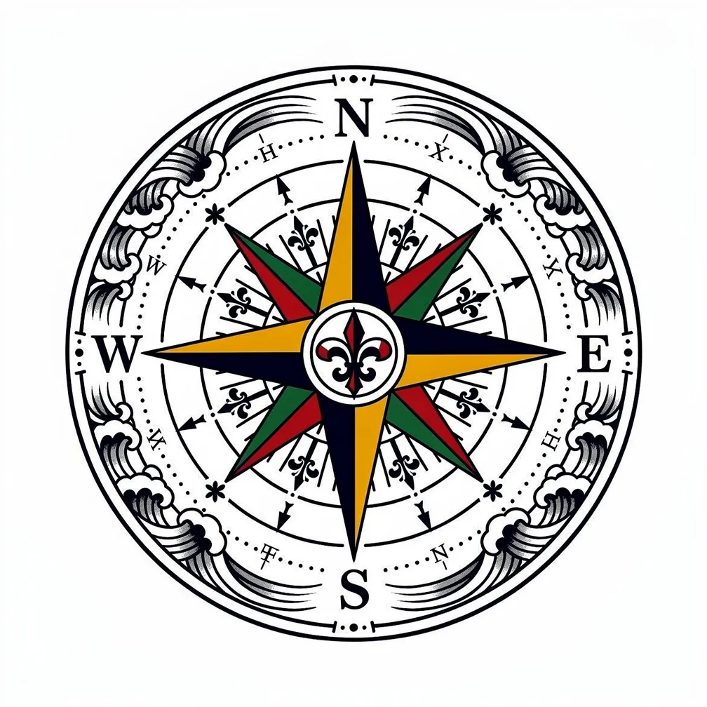 A traditional-style vintage compass rose with ornate cardinal directions, encircled by an old map of uncharted waters.