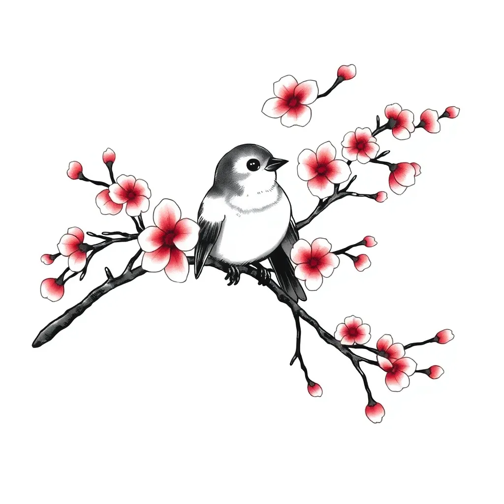 A Japanese-style cherry blossom branch with petals blowing in the wind and a small sparrow perched among the flowers, in black linework with soft pink accents