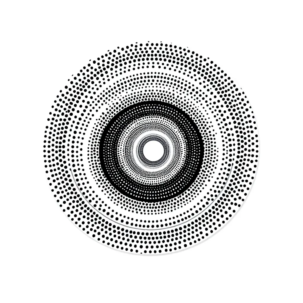 Concentric rings of diminishing dotwork forming a three-dimensional tunnel optical illusion in precise geometric arrangement.