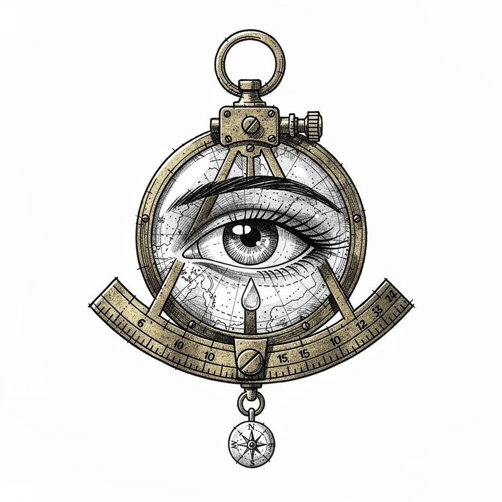 An illustrative antique brass sextant with its mirror framing a half-closed human eye, iris engraved like a map and a silver tear falling as a compass bead.