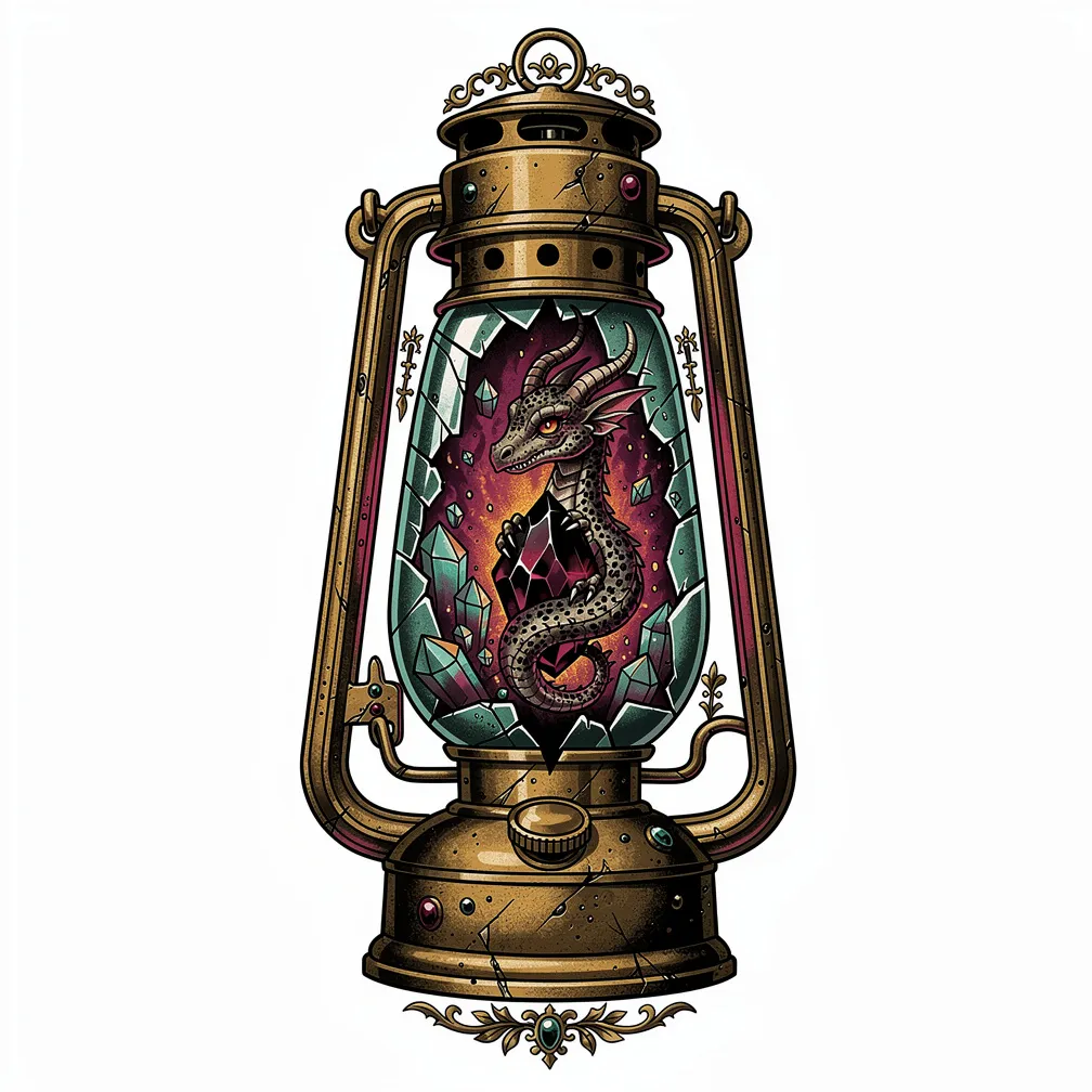 A neo-traditional dented brass miner’s carbide lamp with a cracked smoky globe revealing a tiny crystal cavern where a sleeping micro-wyvern curls around a coal gem.