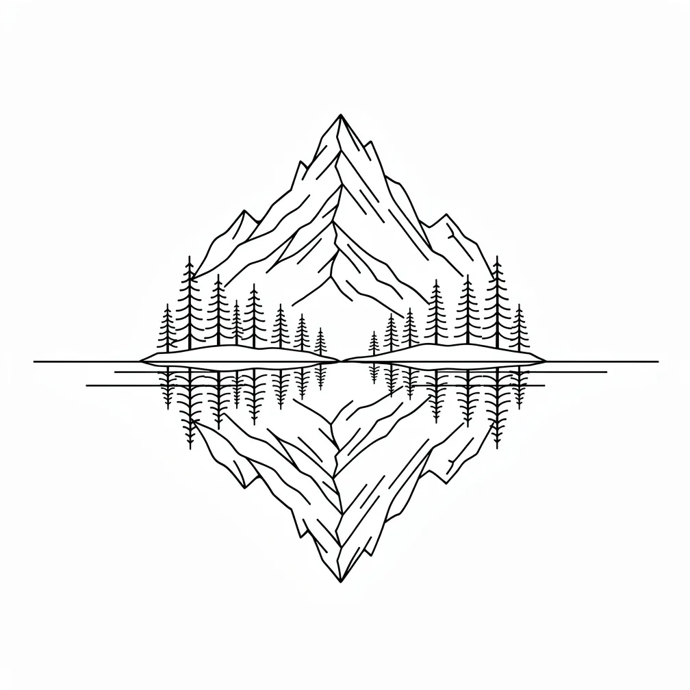 A minimalist linework mountain range mirrored in a still alpine lake, framed by simple evergreen silhouettes.